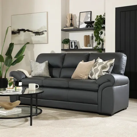 BOXED BROMLEY 3 SEATER SOFA, GREY CLASSIC FAUX LEATHER // BACK SECTION MISSING