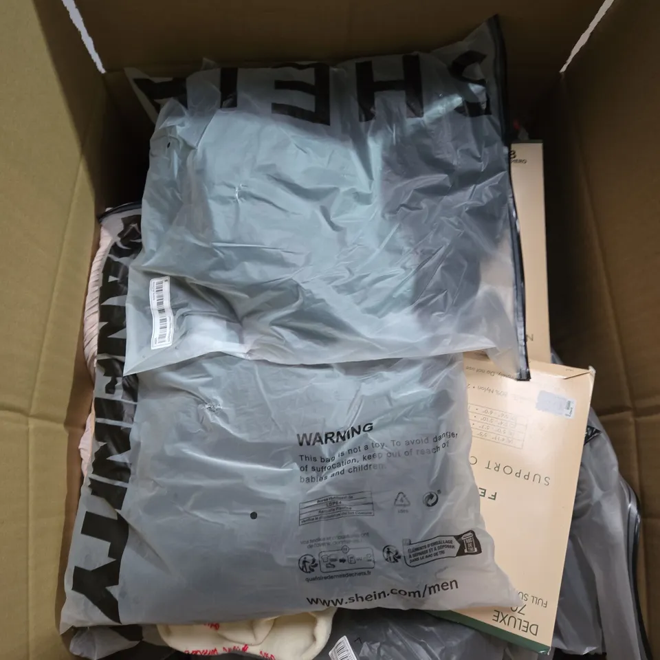 LARGE BOX OF ASSORTED CLOTHING ITEMS IN VARIOUS SIZES, STYLES AND COLOUR 