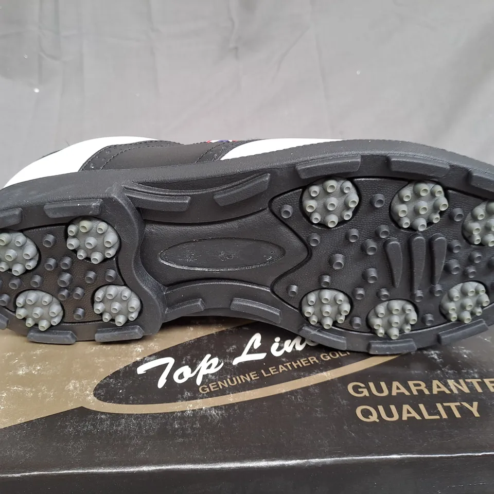 BOX OF APPROXIMATLY 12 BLACK AND WHITE TOP LINE GOLF SHOES IN VARIOUS SIZE