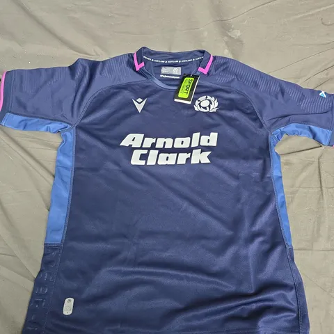 SCOTLAND RUGBY JERSEY BY MACRON – NAVY WITH VODAFONE & ARNOLD CLARK LOGOS, UK XL