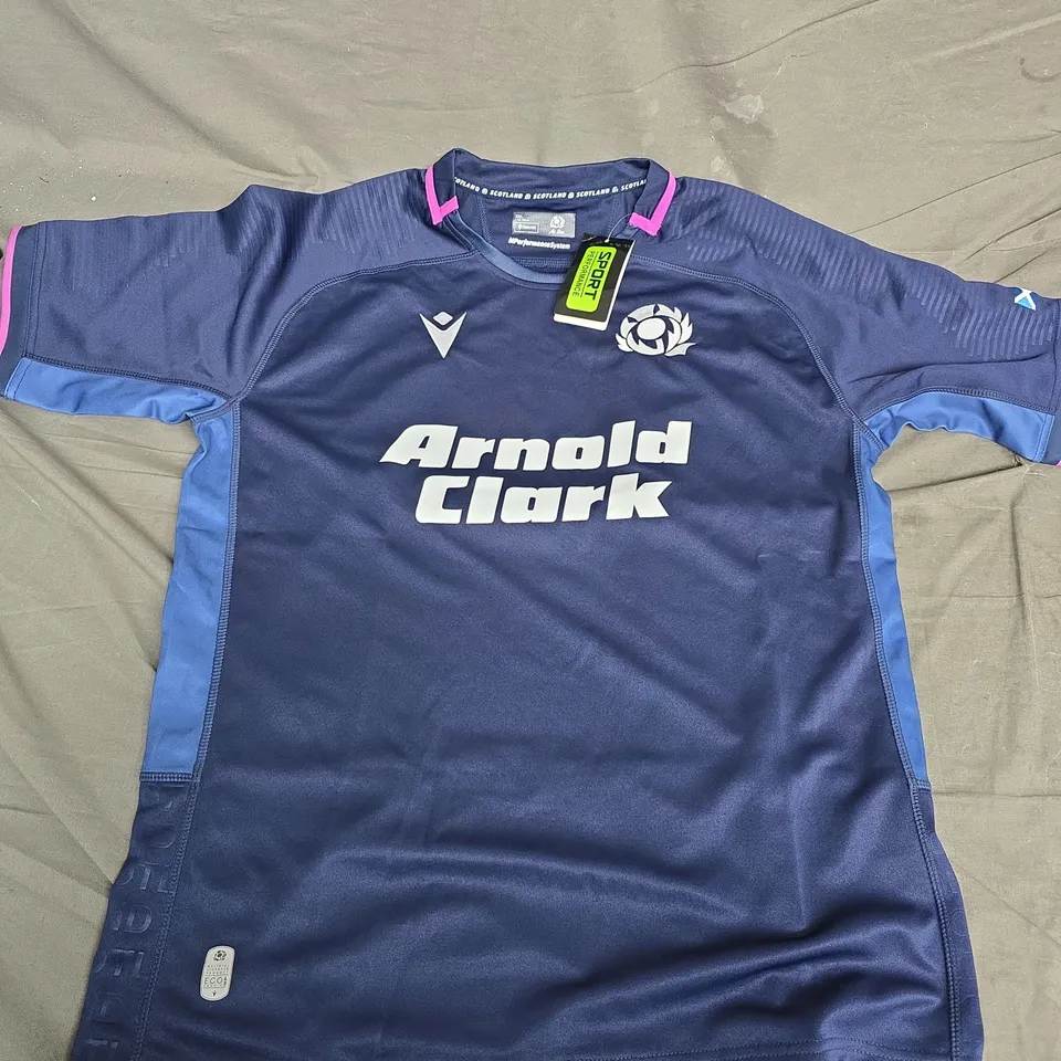 SCOTLAND RUGBY JERSEY BY MACRON – NAVY WITH VODAFONE & ARNOLD CLARK LOGOS, UK XL