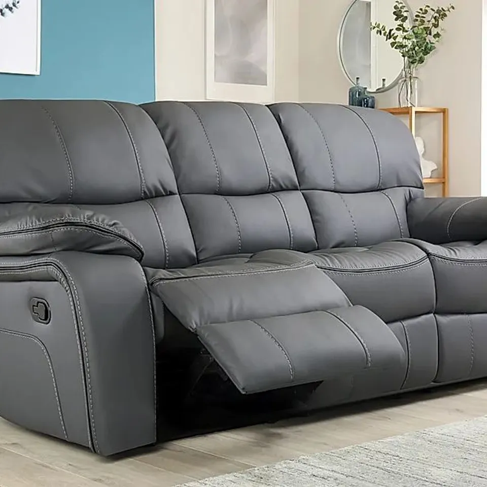 BOXED BEAUMONT GREY LEATHER RECLINING 3 SEATER SOFA