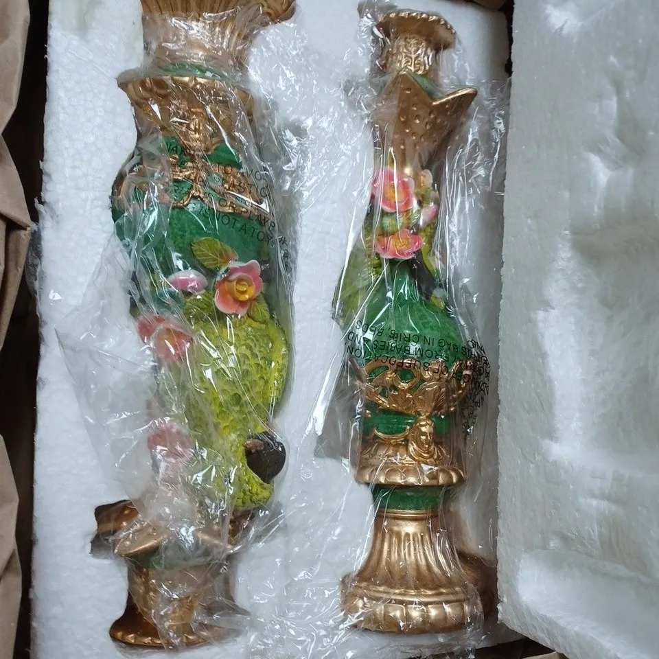 BOXED ALISON CORK SET OF 2 PARROT CANDLE STICKS IN GREEN 