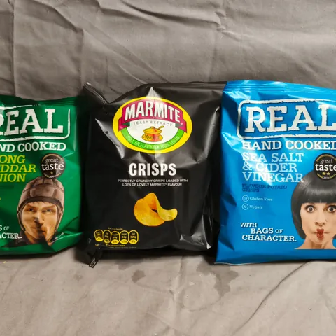 BOX OF APPROXIMATELY 8 ASSORTED FOOD AND DRINK ITEMS TO INCLUDE MARMITE CRISPS, REAL HAND COOKED CRISPS, ETC