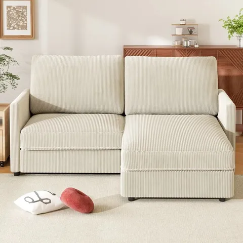 BOXED 180CM 2 SEAT AREA CORDUROY CORNER SOFA - BEIGE