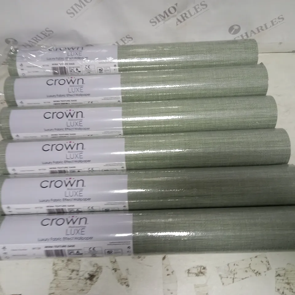 LOT OF 6 CROWN LUXE LUXURY FABRIC EFFECT WALLPAPER IN AKINA TEXTURE SAGE