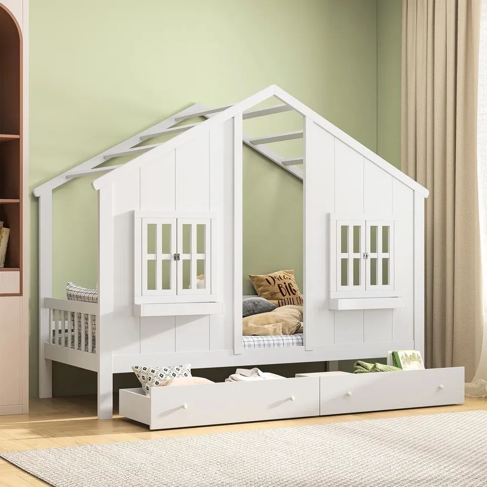 BOXED SOLID WOOD CABIN BED WITH ROOF AND 2 STORAGE DRAWERS (2 BOXES)
