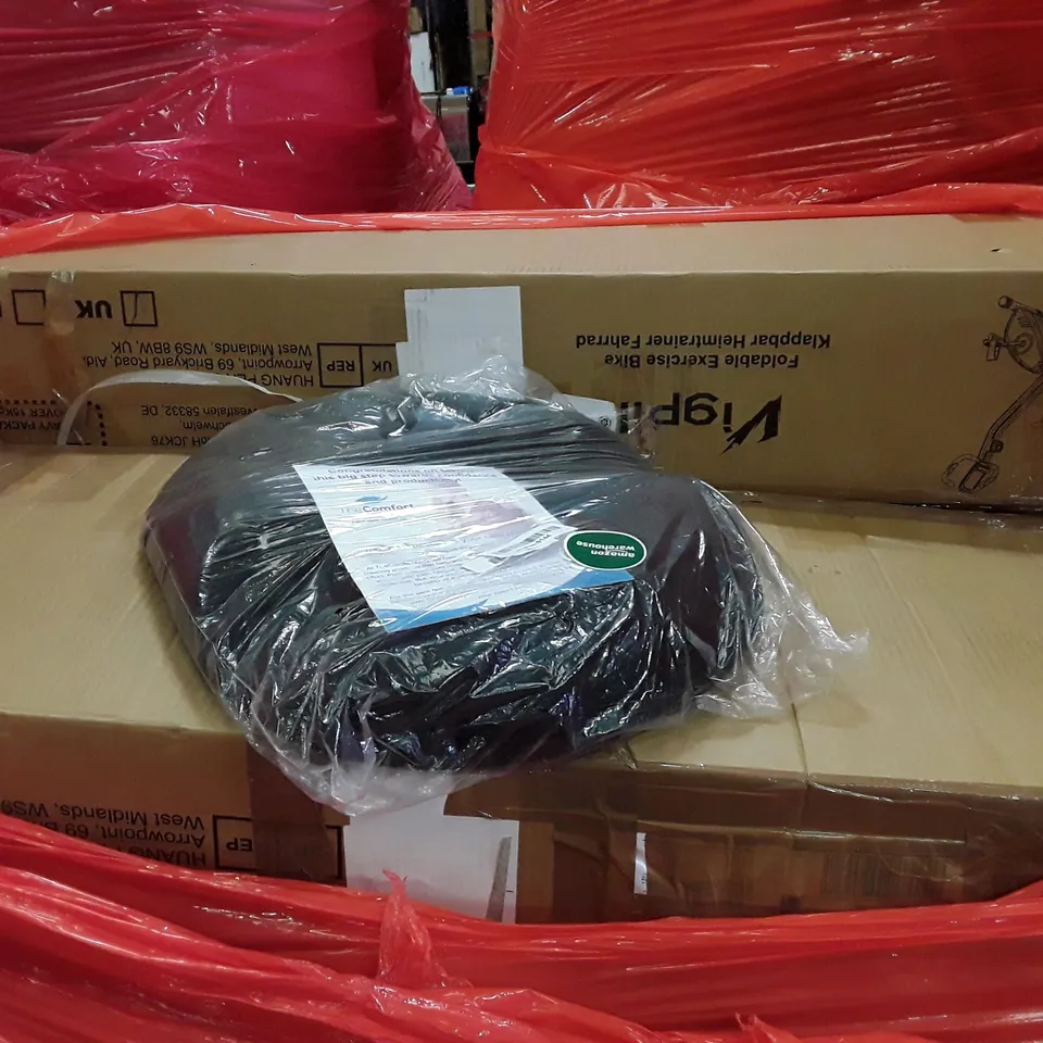 PALLET OF ASSORTED PRODUCTS INCLUDING FOLDABLE EXERCISE BIKE, DONUT CUSHION, GAMING TABLE, CAT TREE