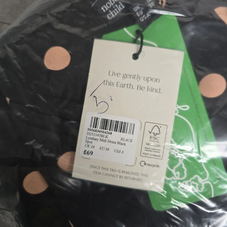 BAGGED NOBODY'S CHILD LYNDSEY MIDI DRESS – BLACK WITH PINK POLKA DOTS, UK 10
