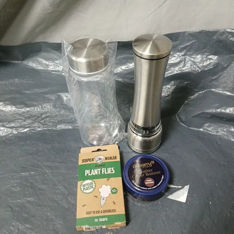 APPROXIMATELY 20 ASSORTED ITEMS TO INCLUDE GRINDER, WATER BOTTLE, FLY TRAPS, LEATHER RESTORER ETC