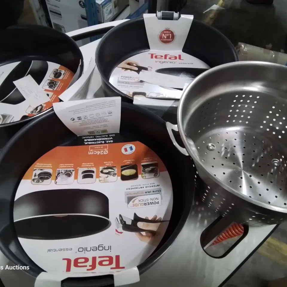THREE TEFAL 24cm INDENIO NON STICK PANS ( NO HANDLES) & AIR FRYER BASKET
