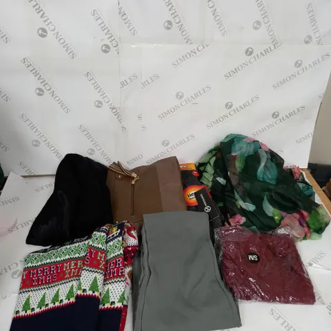 LARGE BOX OF ASSORTED CLOTHING ITEMS IN VARIOUS COLOURS AND SIZES INCLUDING TROUSERS , TOPS AND JUMPERS