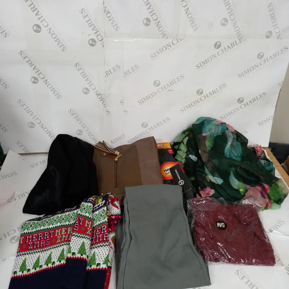 LARGE BOX OF ASSORTED CLOTHING ITEMS IN VARIOUS COLOURS AND SIZES INCLUDING TROUSERS , TOPS AND JUMPERS 