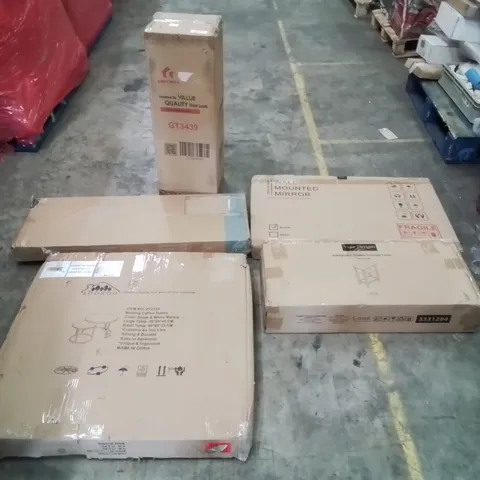 PALLET OF ASSORTED ITEMS TO INCLUDE: COFFEE TABLES, CONSOLE TABLE, WALL MOUNTED MIRROR, BED FRAME ECT