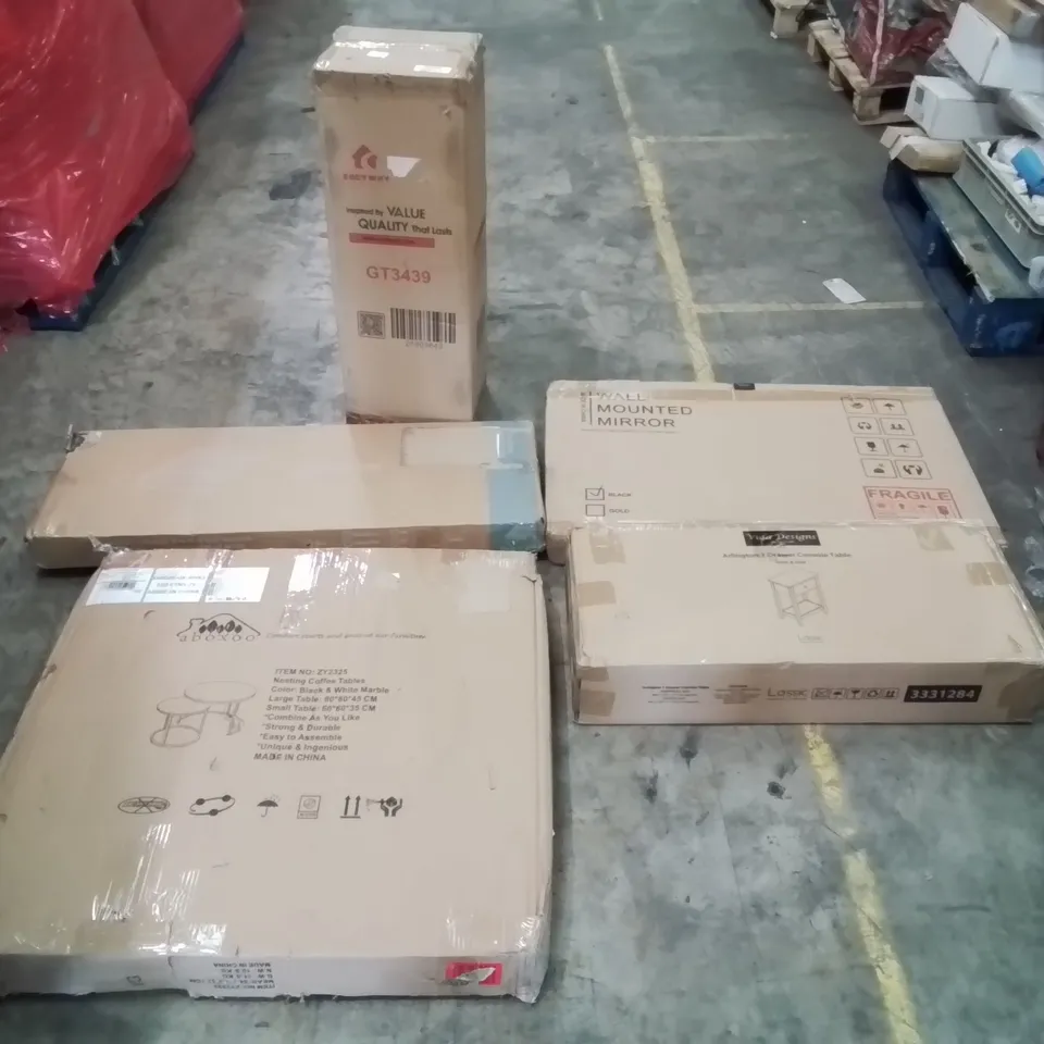 PALLET OF ASSORTED ITEMS TO INCLUDE: COFFEE TABLES, CONSOLE TABLE, WALL MOUNTED MIRROR, BED FRAME ECT