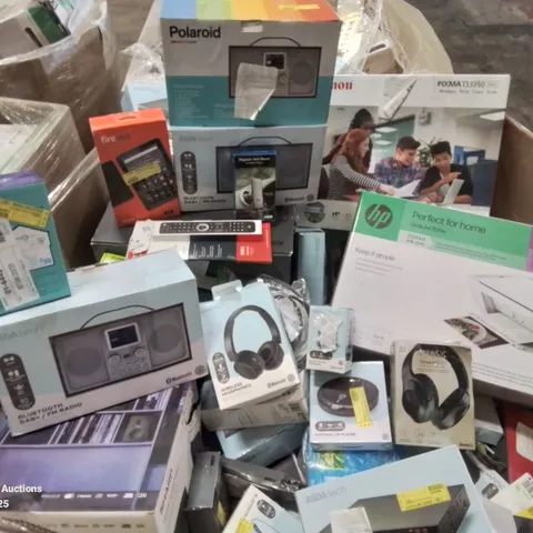 PALLET CONTAINING VARIOUS ASSORTED BOXED ELECTRONIC ITEMS TO INCLUDE: SEVERAL PRINTERS, FIRE HD 8 TABLET, CHARGERS, HEADPHONES, ALARM CLOCKS, SPEAKERS ETC.