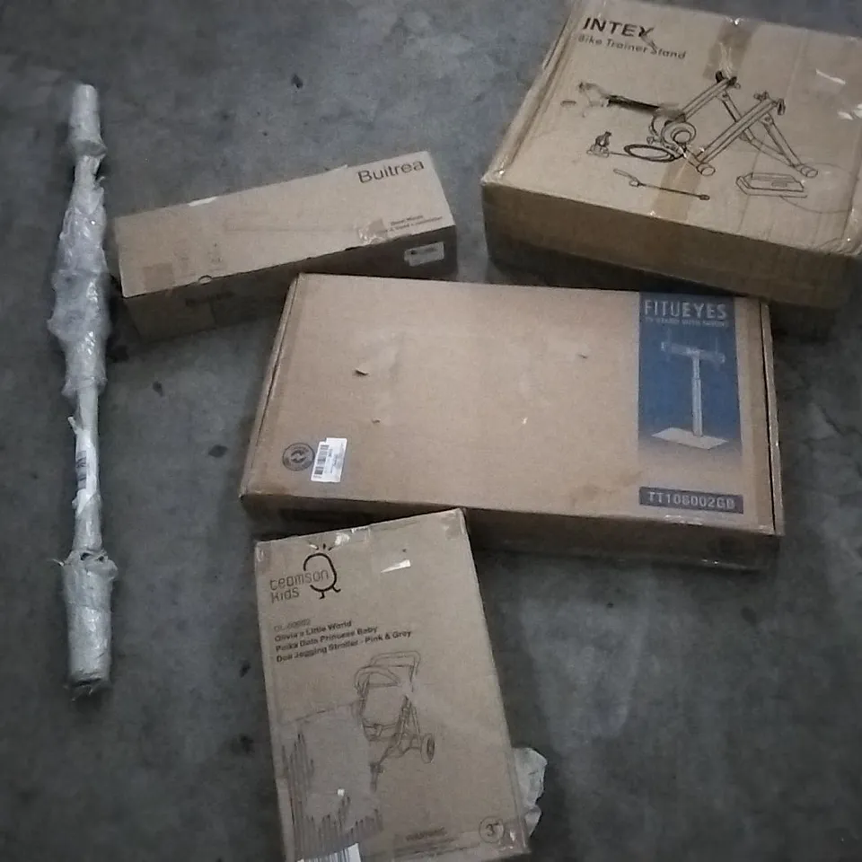 PALLET OF ASSORTED ITEMS INCLUDING LAMINATOR, BIKE TRAINER STAND, CURTAIN RAIL, TV STAND WITH MOUNT AND DOLL JOGGING STROLLER
