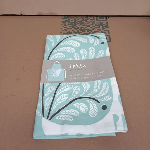 FREYA ART & DESIGN SCREEN PRINTED APRON – TURQUOISE LEAF PATTERN