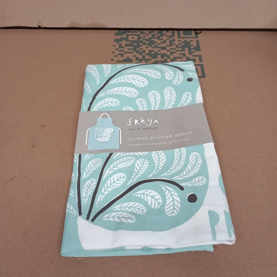 FREYA ART & DESIGN SCREEN PRINTED APRON – TURQUOISE LEAF PATTERN