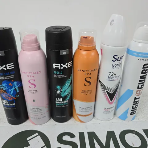 APPROXIMATELY 15 ASSORTED AEROSOLS TO INCLUDE AXE , RIGHT GUARD AND SANCTUARY SPA