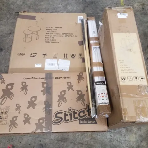 PALLET CONTAINING ASSORTED PRODUCTS INCLUDING NESTING TABLE, KIDS BIKE, POOL CUE, ROLLER BLIND & PET STROLLER