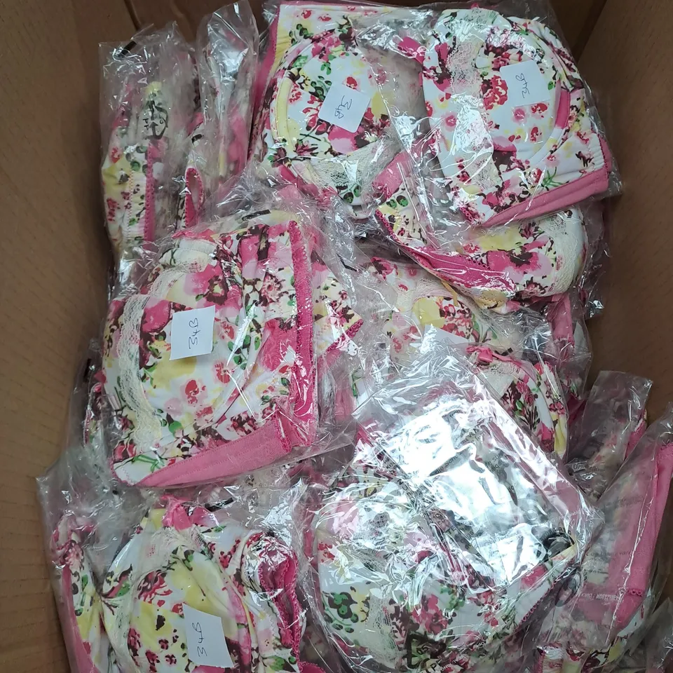 BOX OF APPROX 35 ASSORTED INK CREAM FLORAL BRAS - SIZES VERY 