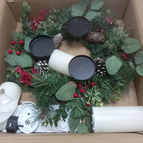 HOME REFLECTIONS 3 IN 1 FLAMELESS CANDLE WITH WREATH SET RED BERRY