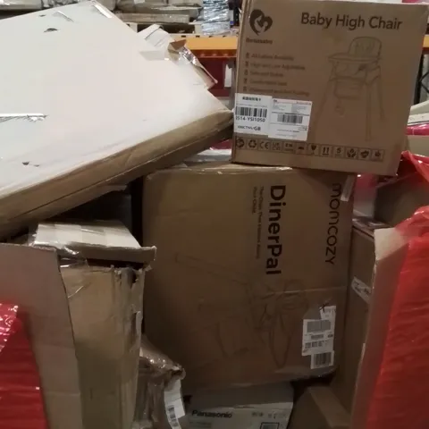 PALLET CONTAINING VARIOUS ASSORTED BOXED HOUSEHOLD ITEMS TO INCLUDE: OFFICE CHAIR, HIGH CHAIRS, PLAYPEN AND LOTS MORE UNMARKED BOXED ITEMS