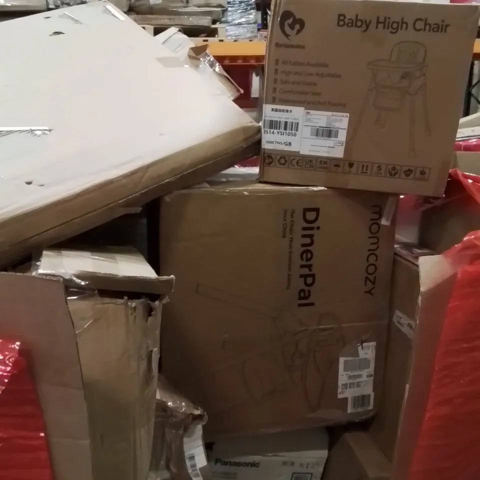 PALLET CONTAINING VARIOUS ASSORTED BOXED HOUSEHOLD ITEMS TO INCLUDE: OFFICE CHAIR, HIGH CHAIRS, PLAYPEN AND LOTS MORE UNMARKED BOXED ITEMS 