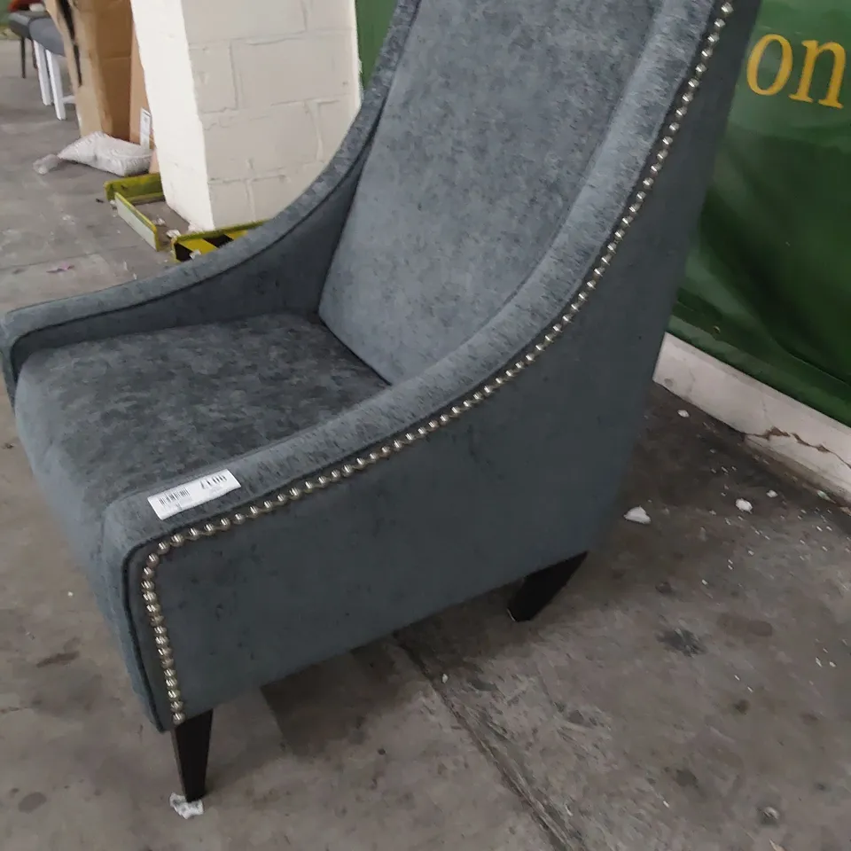 DESIGNER HIGH BACK EASY CHAIR GREY FABRIC WITH STUDDED DETAIL 