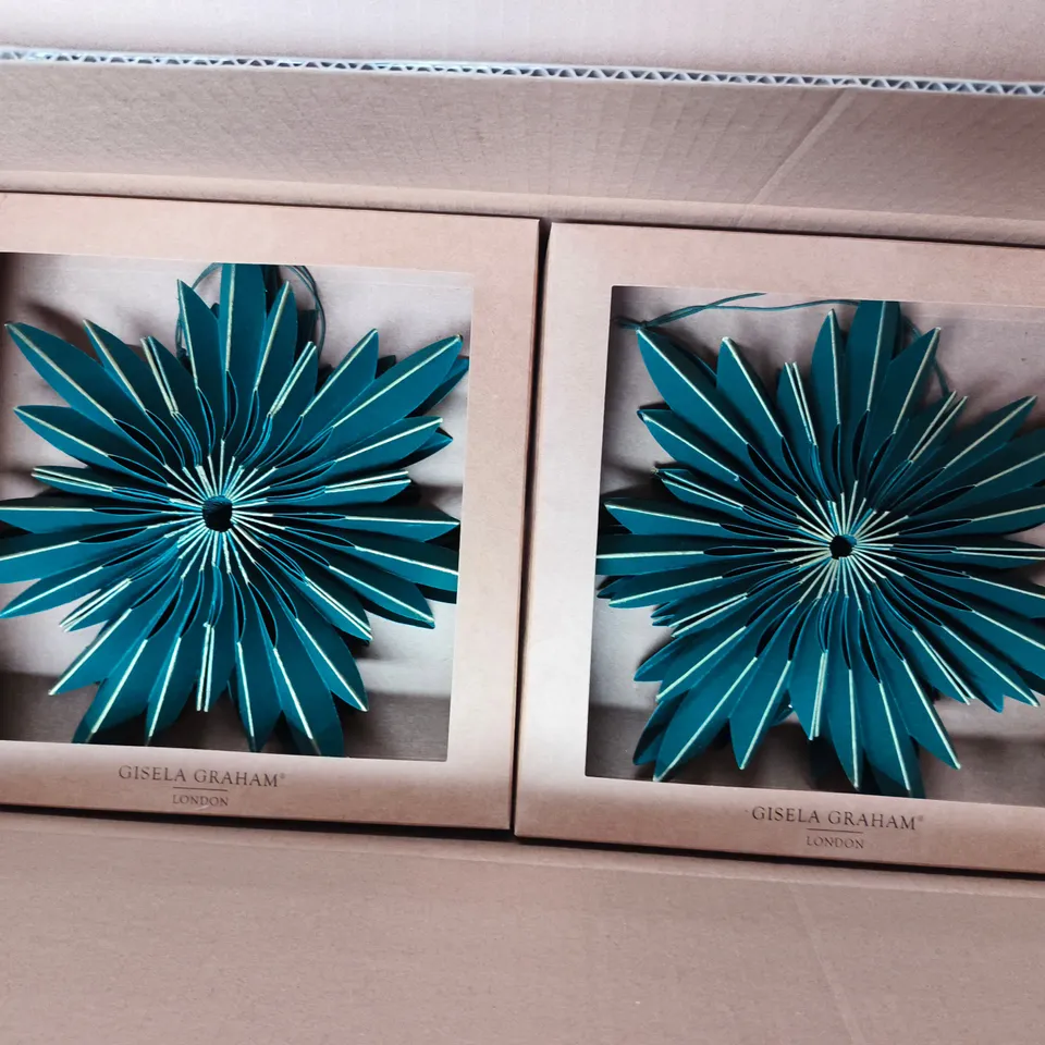 APPROXIMATELY 72 BOXED GISELA GRAHAM SAGE GREEN STARBURST SNOWFLAKE PAPER CHRISTMAS DECORATIONS