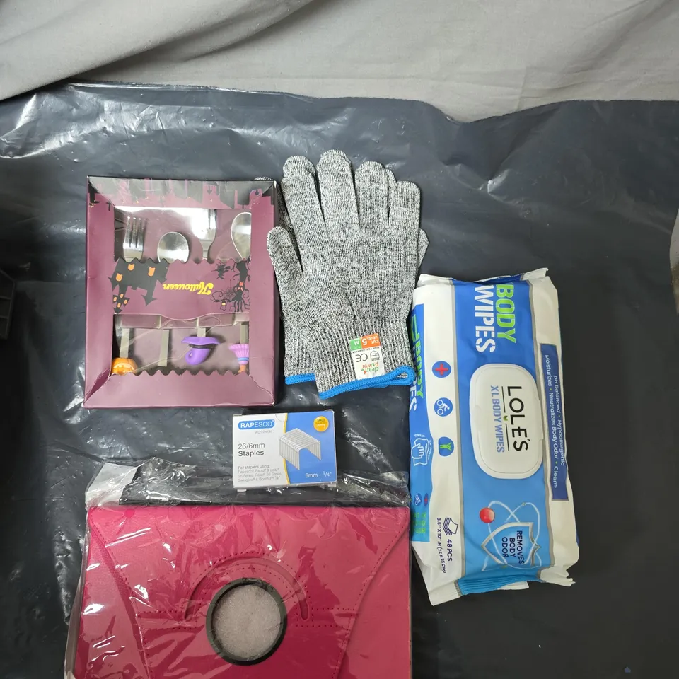 APPROXIMATELY 15 ASSORTED HOUSEHOLD ITEMS TO INCLUDE BODY WIPES, TABLET CASE, GLOVES, STAPLES & KIDS CUTLERY SET