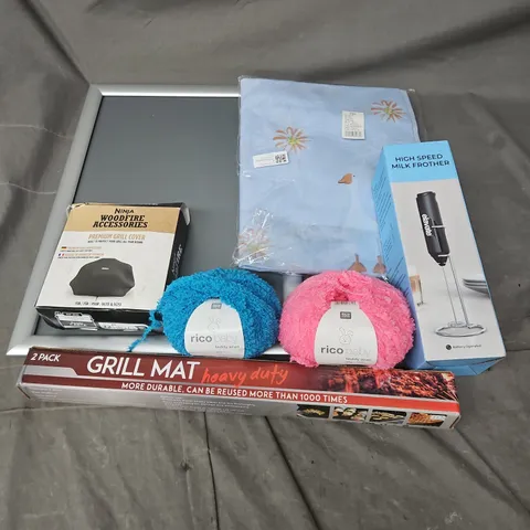 BOX OF APPROXIMATELY 12 ASSORTED HOUSEHOLD ITEMS TO INCLUDE - NINJA WOODFIRE ACCESORIES PREMIUM GRILL COVER - GRILL MAT - RICO BABY YARN - ETC