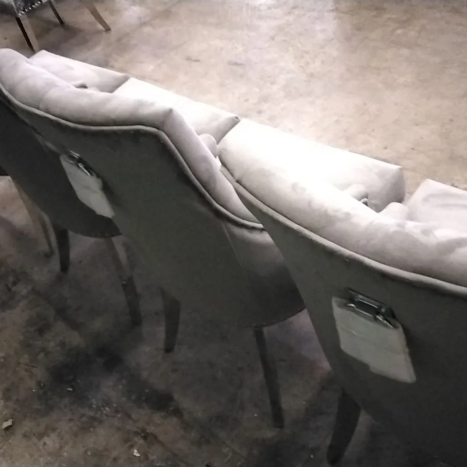 SET OF 4 PLUSH GREY FABRIC BUTTONBACK STUDDED DINING CHAIRS WITH CHROME LEGS