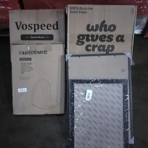 PALLET OF HOUSEHOLD ITEMS TO INCLUDE STAND MIXER, TOILET SEAT, RECYCLED TOILET PAPER, PICTURE FRAMES AND OTHER ASSORTED ITEMS...
