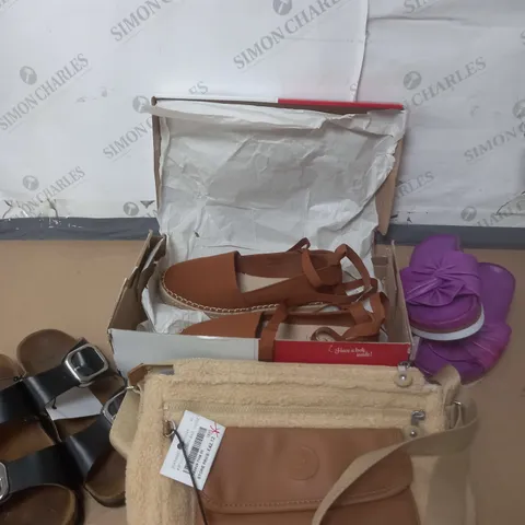 4 ASSORTED CLOTHING PRODUCTS TO INCLUDE WOOLLEN HANDBAG & SHOES