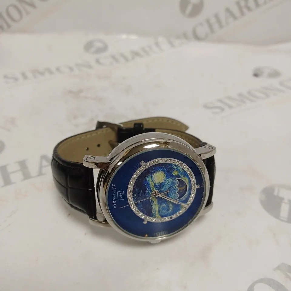 MENS ZIHLMANN & CO AUTOMATIC WATCH – Z150 – MOONPHASE DIAL – GLASS EXHIBITION BACKCASE - SILVER COLOUR CASE – BLACK LEATHER STRAP