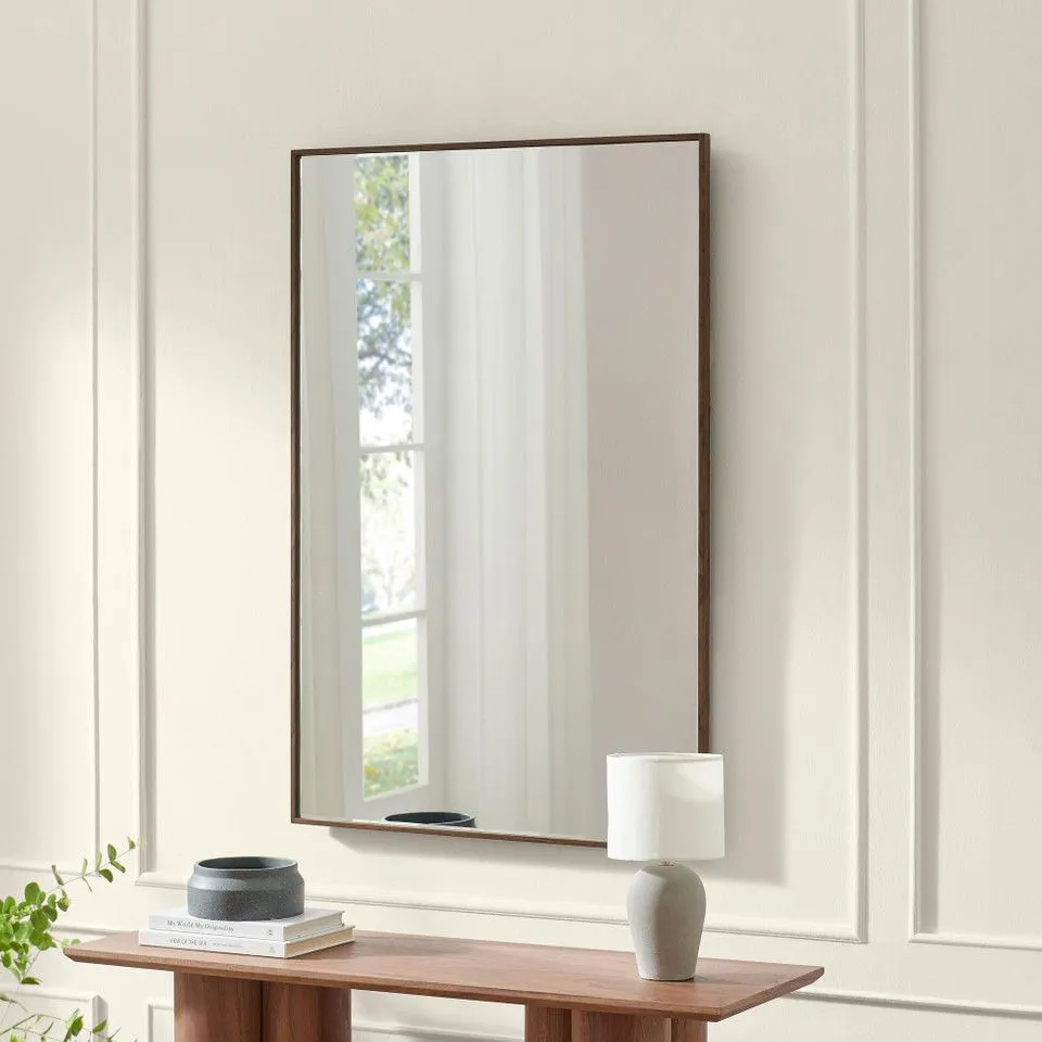 BOXED INGA WALNUT WOOD LONG RECTANGLE 120 x 80cm WALL MIRROR (1 BOX)