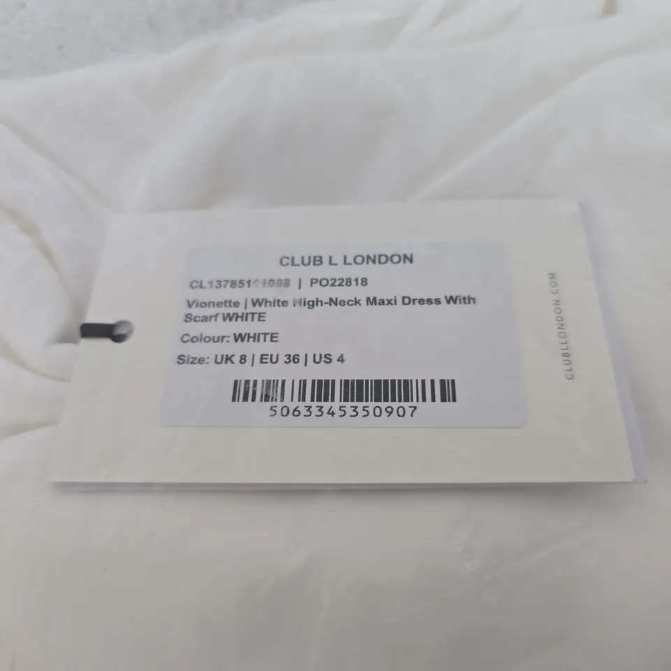 BAGGED CLUB OF LONDON VIONETTE WHITE HIGH NECK MAXI DRESS - UK 8