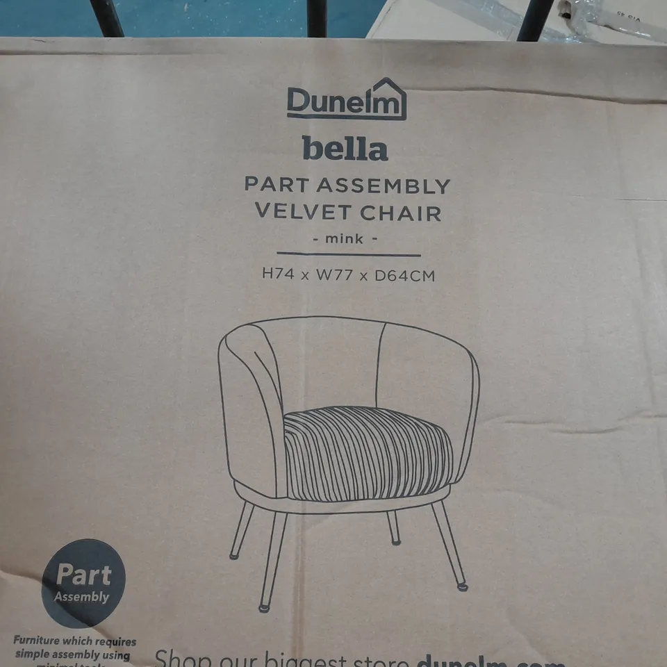 BOXED DUNELM BELLA PART ASSEMBLY VELVET CHAIR IN MINK - COLLECTION ONLY