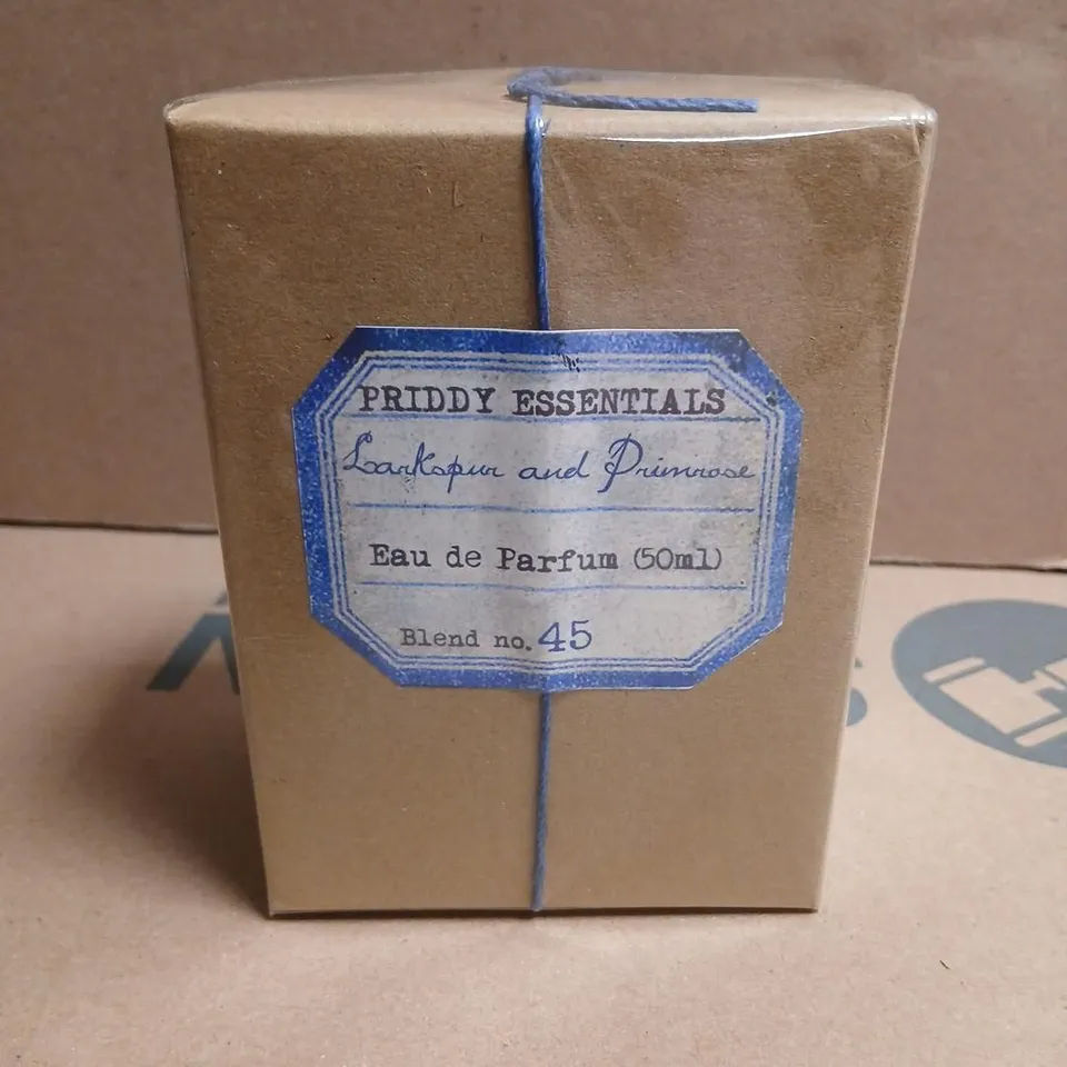 BOXED AND SEALED PRIDDY ESSENTIALS LARKSPIN AND PRIMROSE EAU DE PARFUM 50ML BLEND NO.45