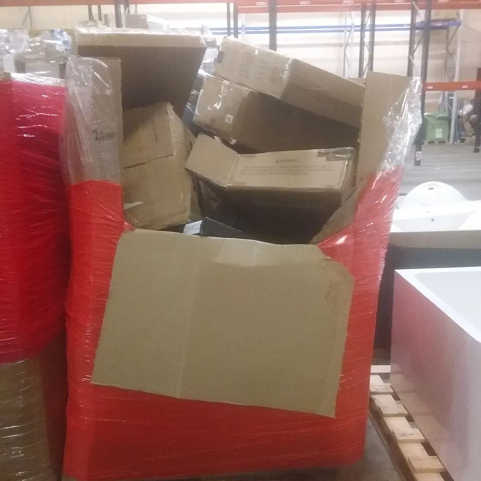PALLET OF ASSORTED HOUSEHOLD PRODUCTS AND ITEMS, INCLUDING; RETRACTABLE GATE, FOOD PROCESSOR, DESKTOP LASER ENGRAVER, TOILET SEAT, FOLDING TABLE ETC