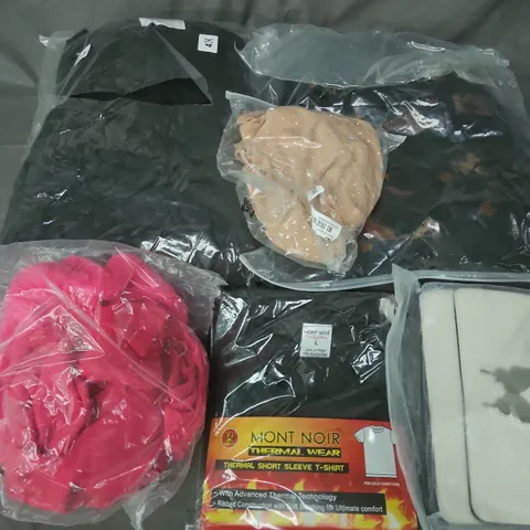 APPROXIMATELY 35 ASSORTED CLOTHING ITEMS IN VARIOUS SIZES, STYLES & COLOURS TO INCLUDE T-SHIRT, PURSE, BOTTOMS, ETC - COLLECTION ONLY