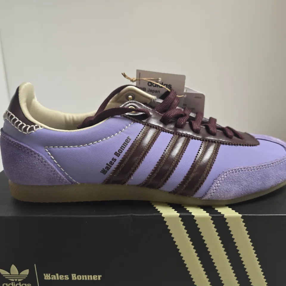 BOXED PAIR OF ADIDAS WALES BONNER JR1776 TRAINERS – PURPLE/LILAC WITH BROWN SUEDE, UK 8