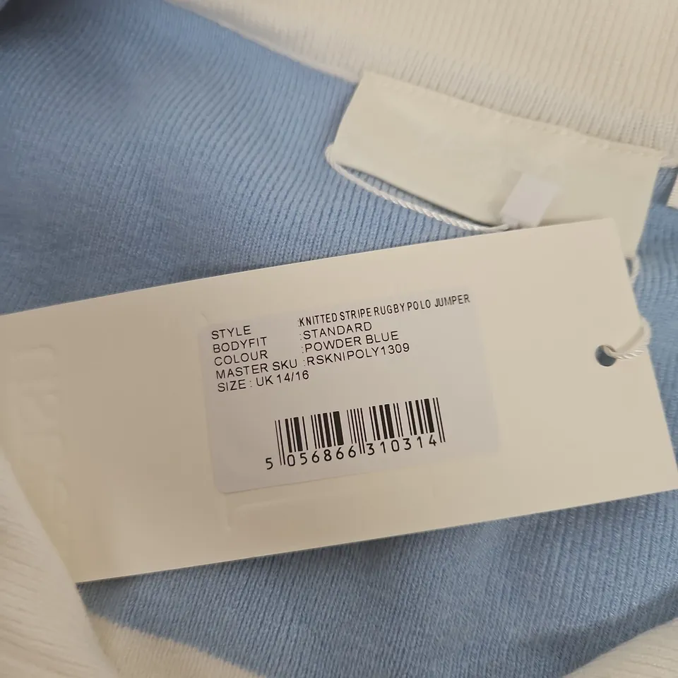 REASN KNITTED STRIPE RUGBY POLO JUMPER – POWDER BLUE, UK 14/16 