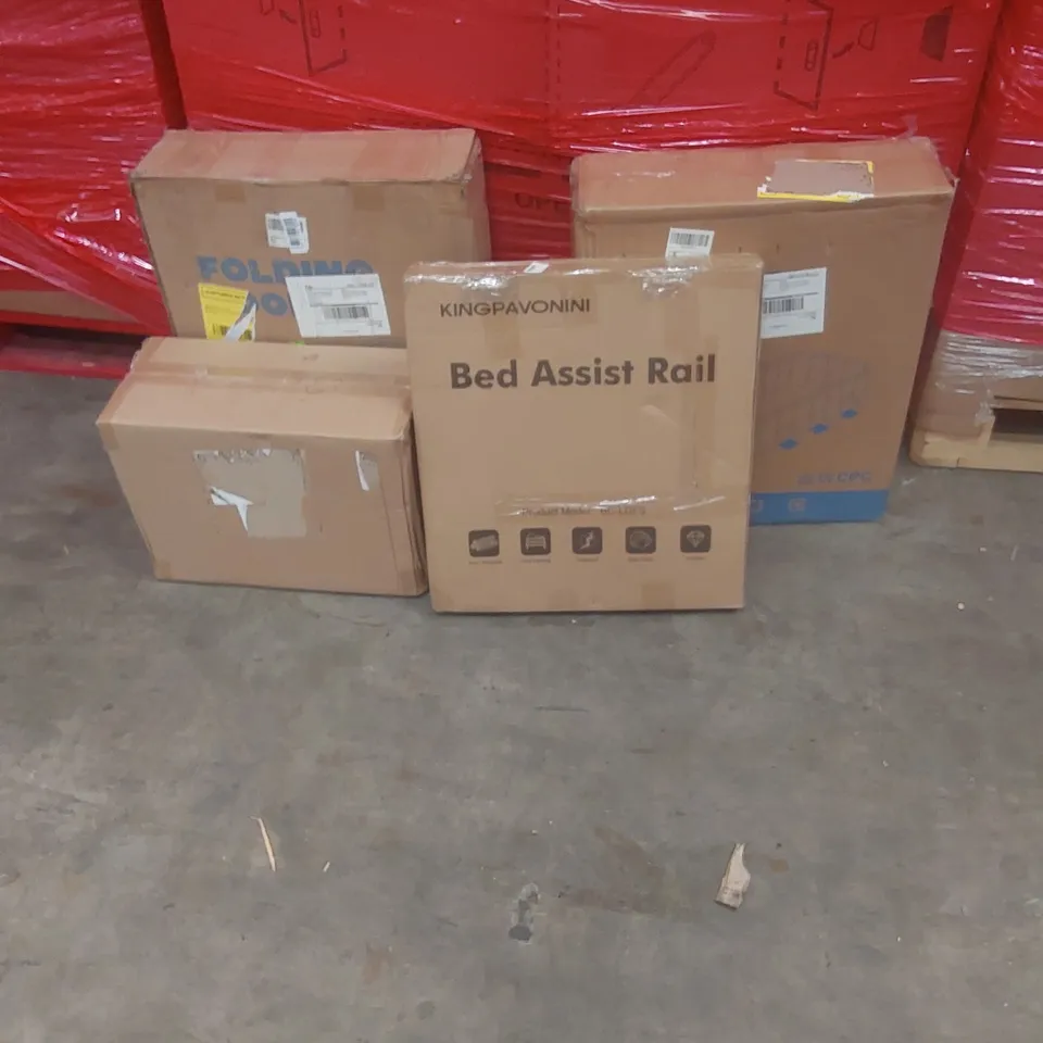 PALLET OF ASSORTED PRODUCTS AND ITEMS TO INCLUDE:BED ASSIST TAIL,FOLDING POOL,PRAM