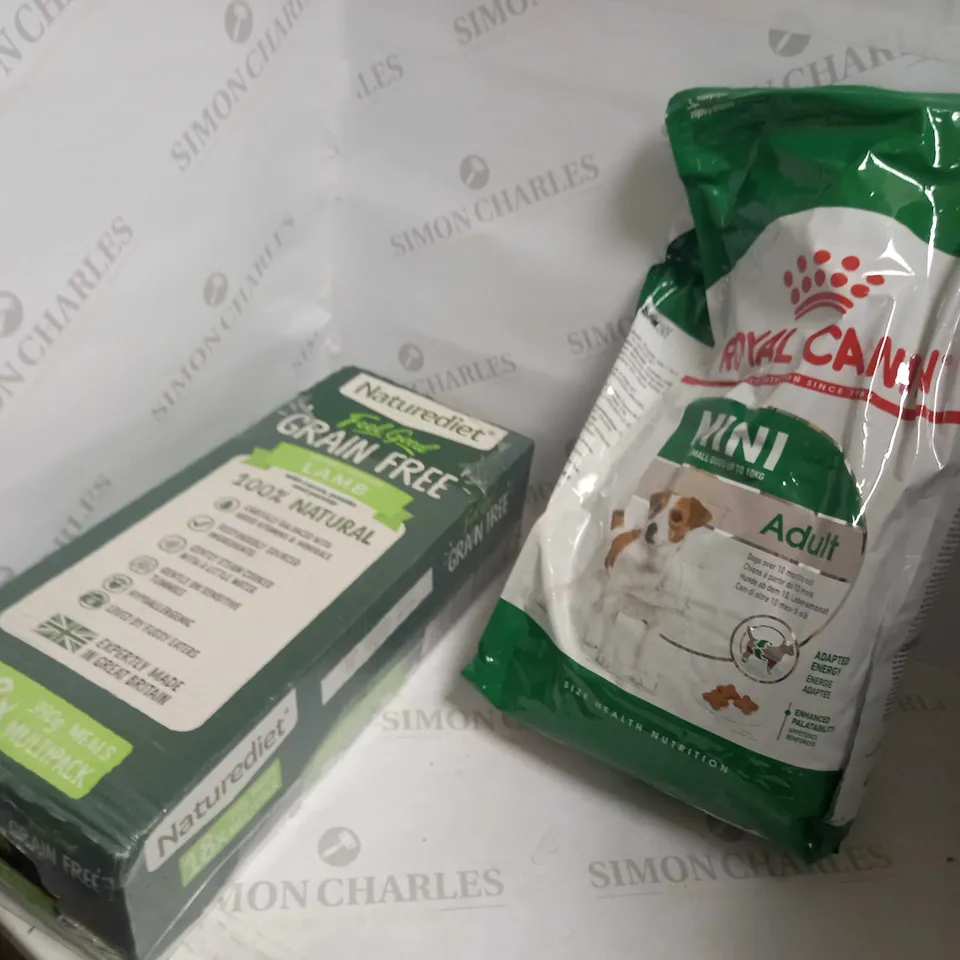 LOT OF PET FOOD TO INCLUDE NATUREDIET LAMB, ROYAL CANIN, AND GOOD BOY BEEF BITES 