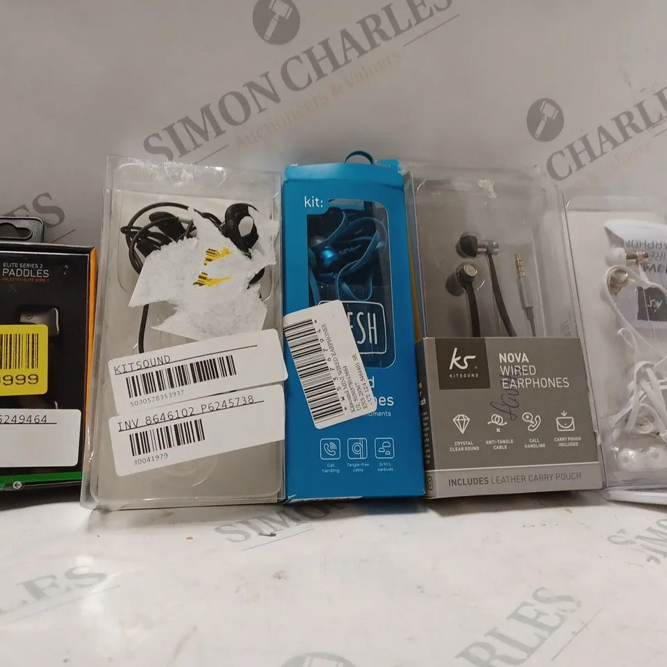 BOX OF APPROX 14 ITEMS TO INCLUDE - KITSOUND NOVA WIRED EARPHONES - SCUF PADDLES - M170 ECT
