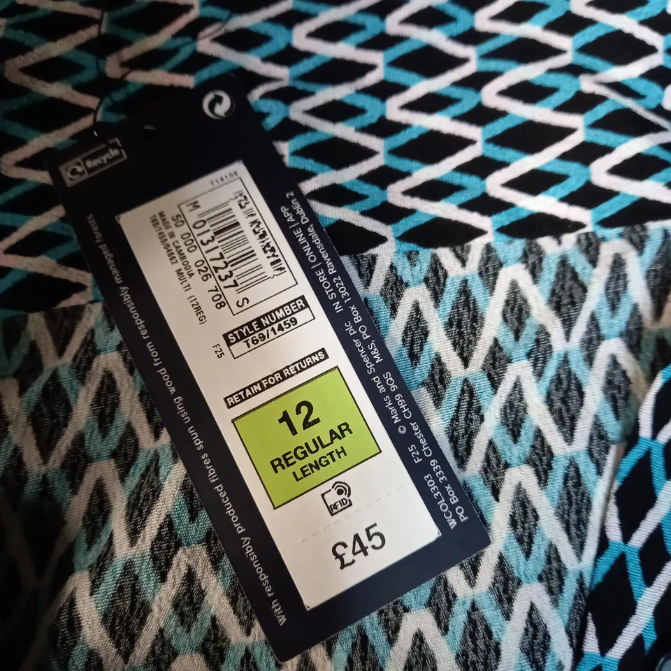M&S TURQUOISE/BLACK PRINT SHIRT DRESS - SIZE 12 