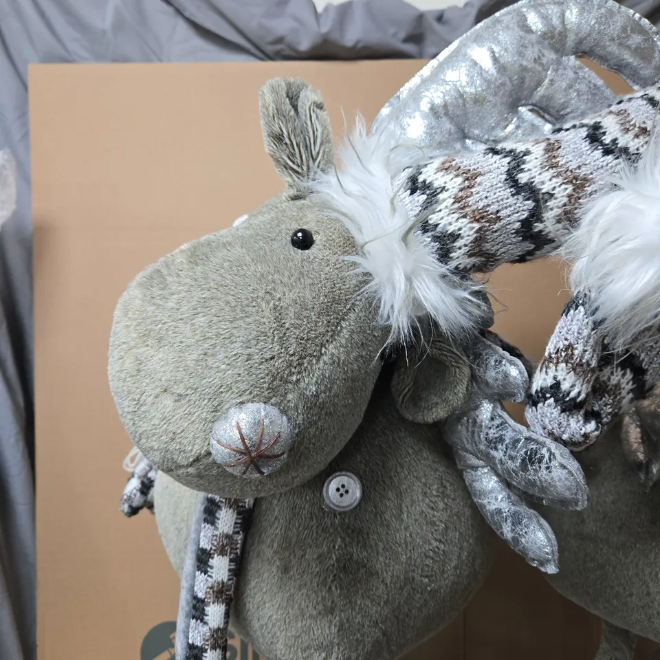PAIR OF LARGE PLUSH MOOSE WITH KNIT SCARVES, GREY (DECORATIVE SOFT TOYS) RAINDEERS CHRISTMAS FIGURES . DECORATIVE .